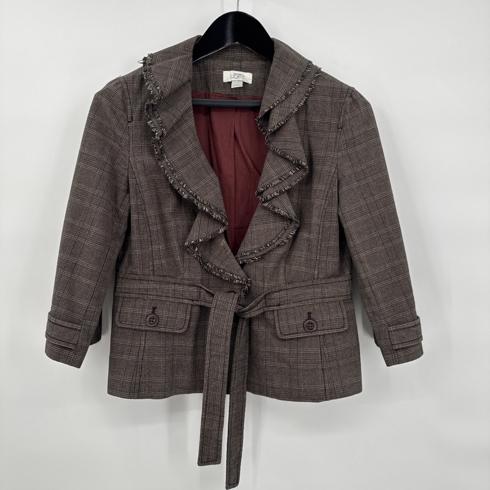 Ann Taylor Loft Blazer Jacket Sz 6 Button Front Brown Plaid Short Y2K‎ Ruffle